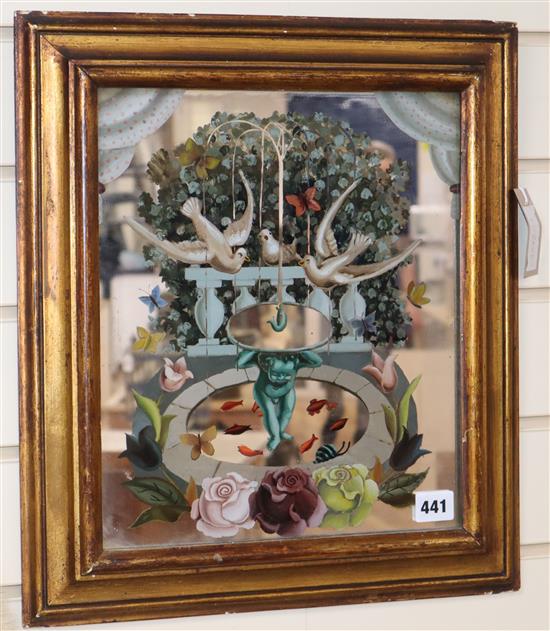 Kay DArcy, reverse painted mirror, Cherub fountain with doves, 33 x 28cm, overall 44 x 39cm